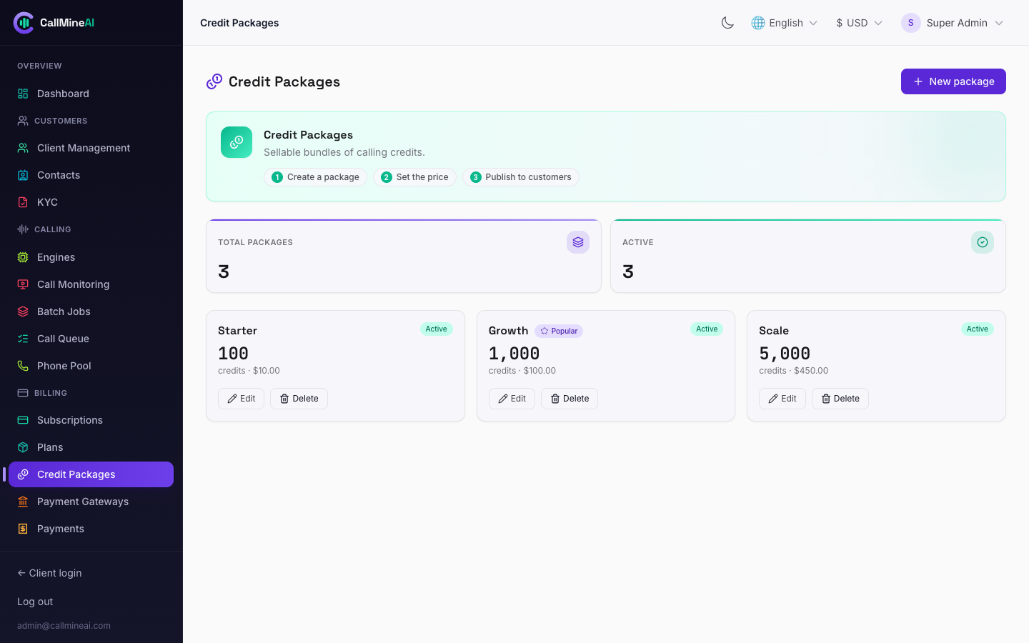 Admin — credit packages