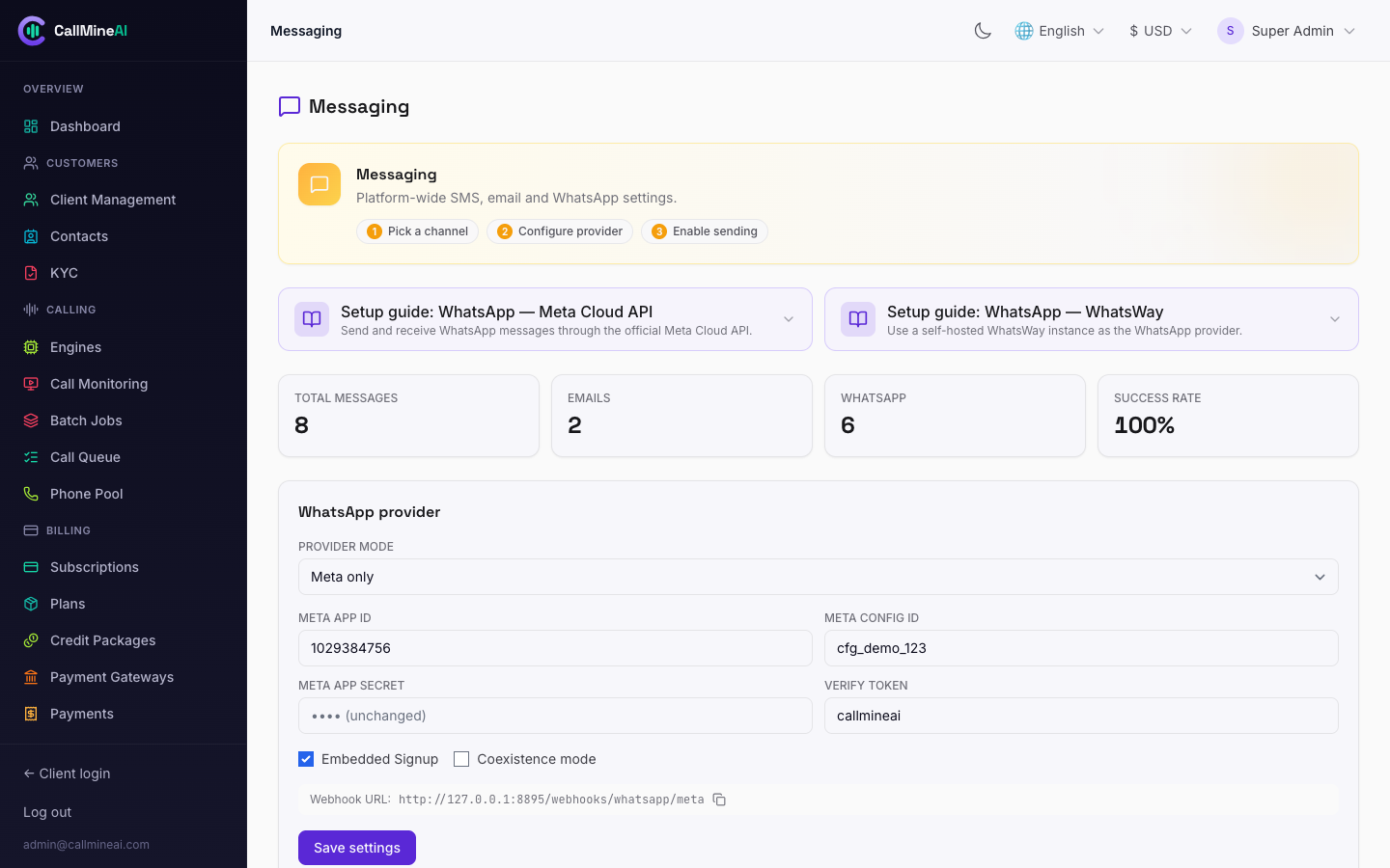 Admin — messaging settings