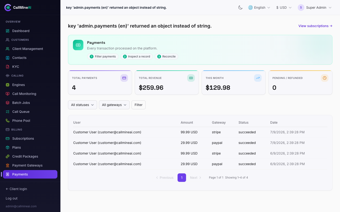 Admin — payments