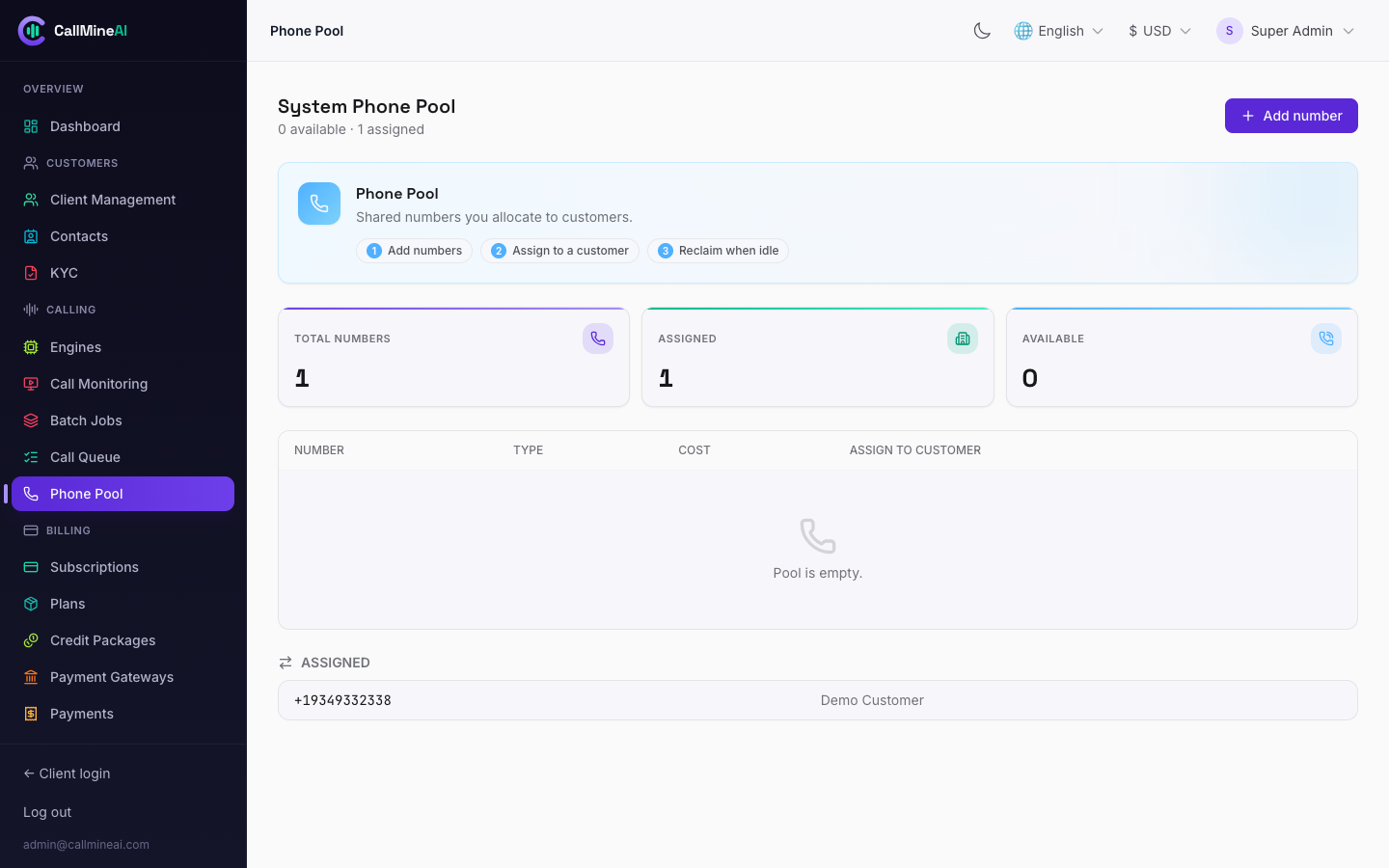 Admin — phone number pool