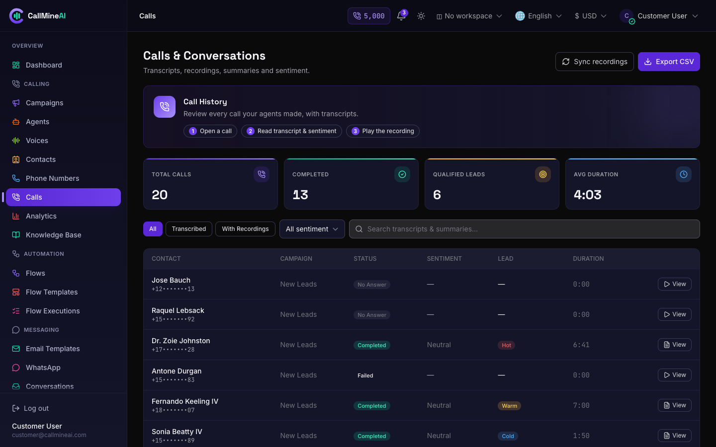 Customer — calls
