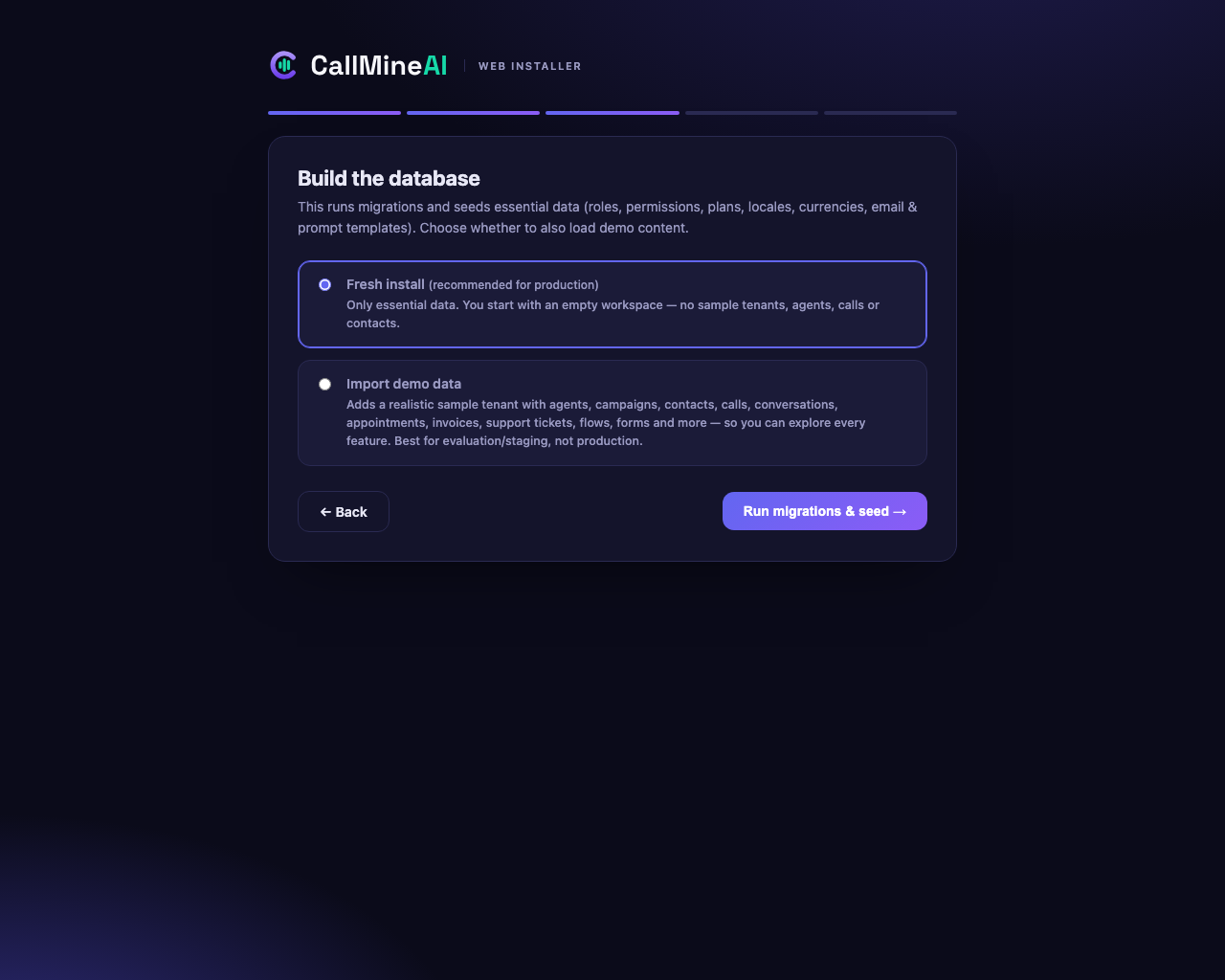 Installer — fresh install vs import demo data